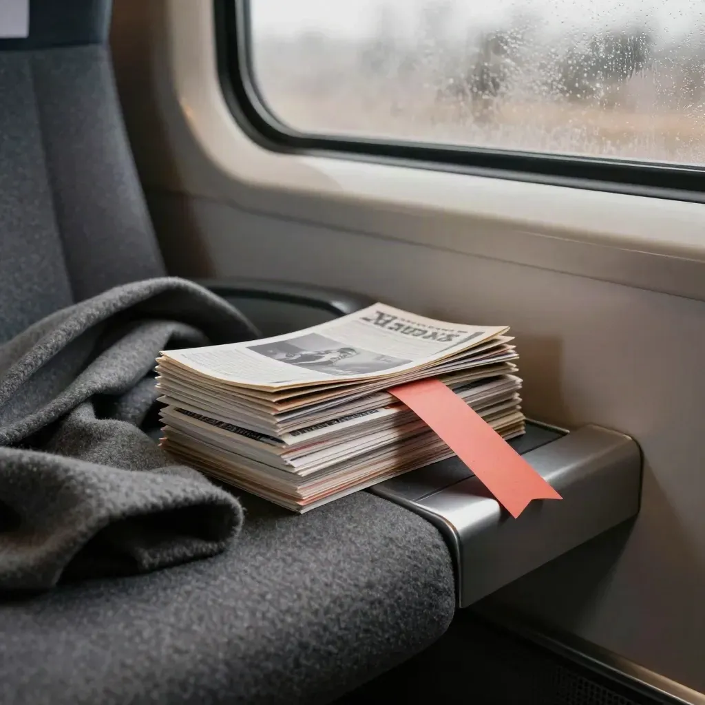 Siège de train de nuit avec pile de cartes d’articles, marque-page corail et manteau en laine.