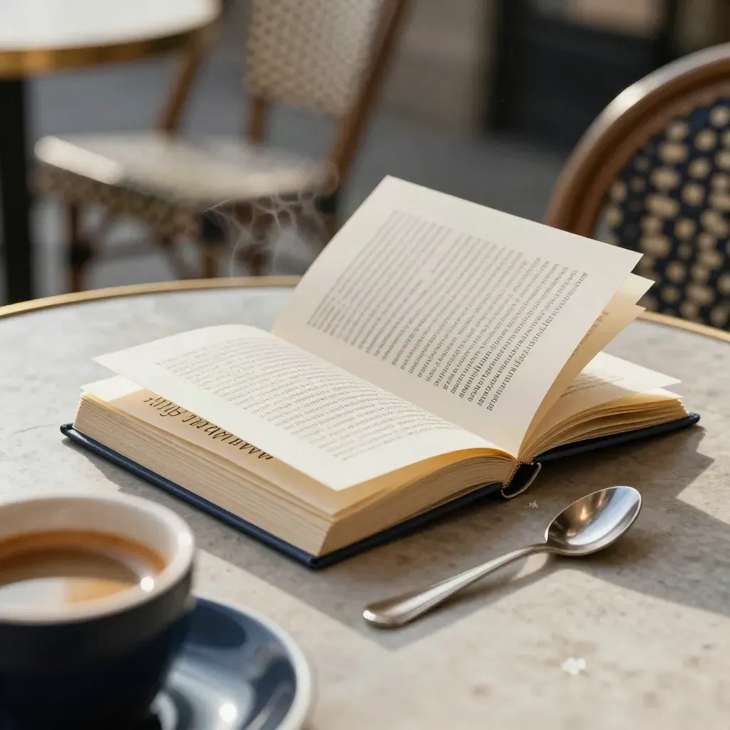 Livret d’articles courts, slips et petite cuillère sur une table de café en pierre.