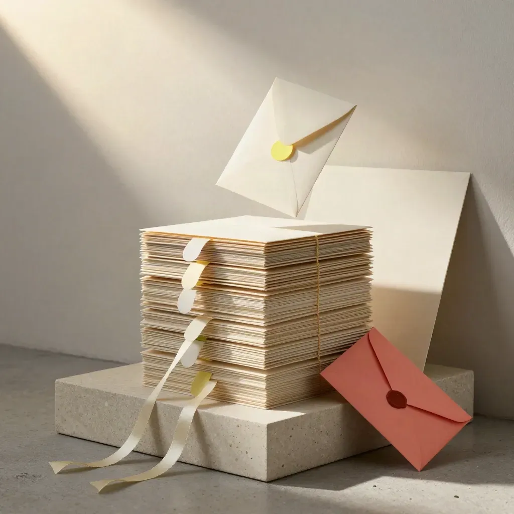 Cascade de cartes, boîtes d’archives et enveloppe corail dans une lumière d’aube.