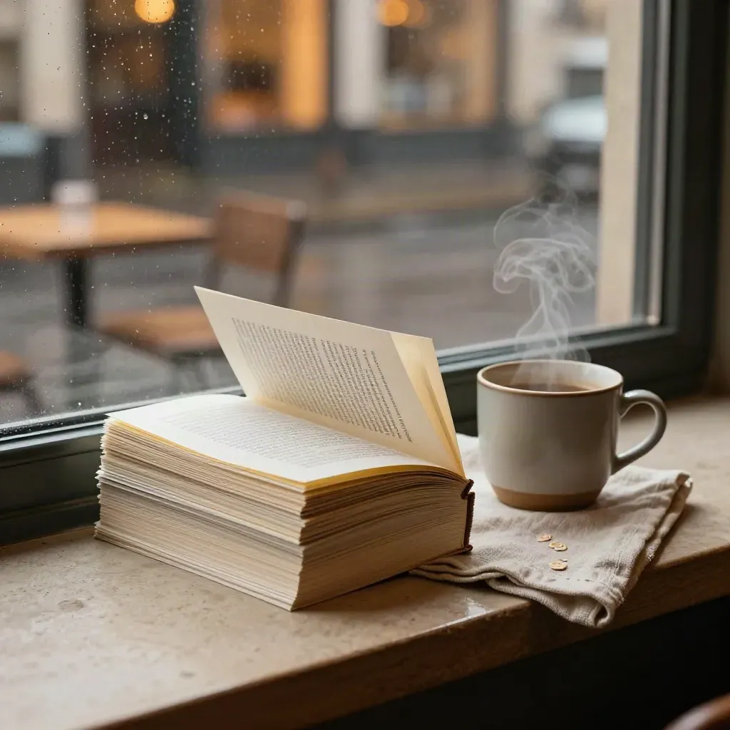 Pages sur un rebord de café, tasse en céramique et serviette en lin sous la lumière du soir.