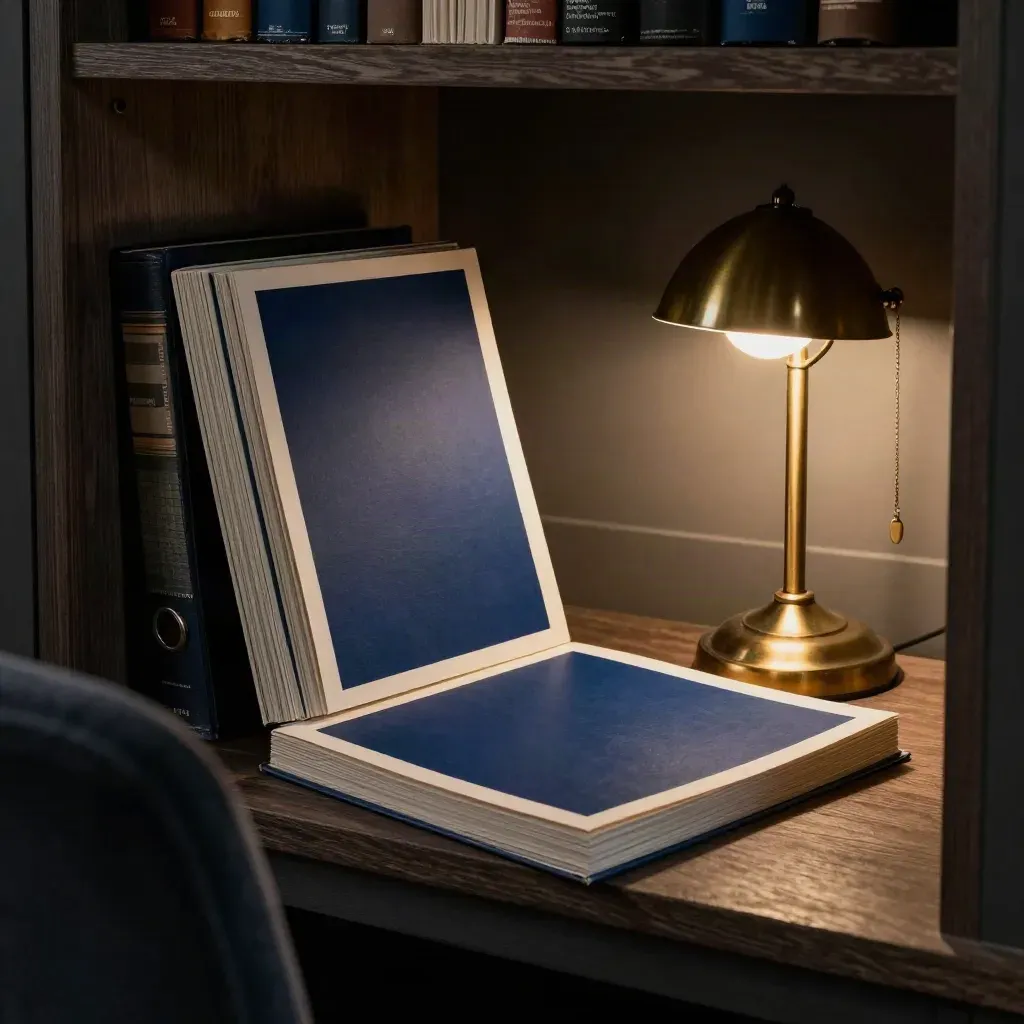Coin lecture nocturne avec dossiers d’archives, lampe sombre et cartes de pages bleu nuit.