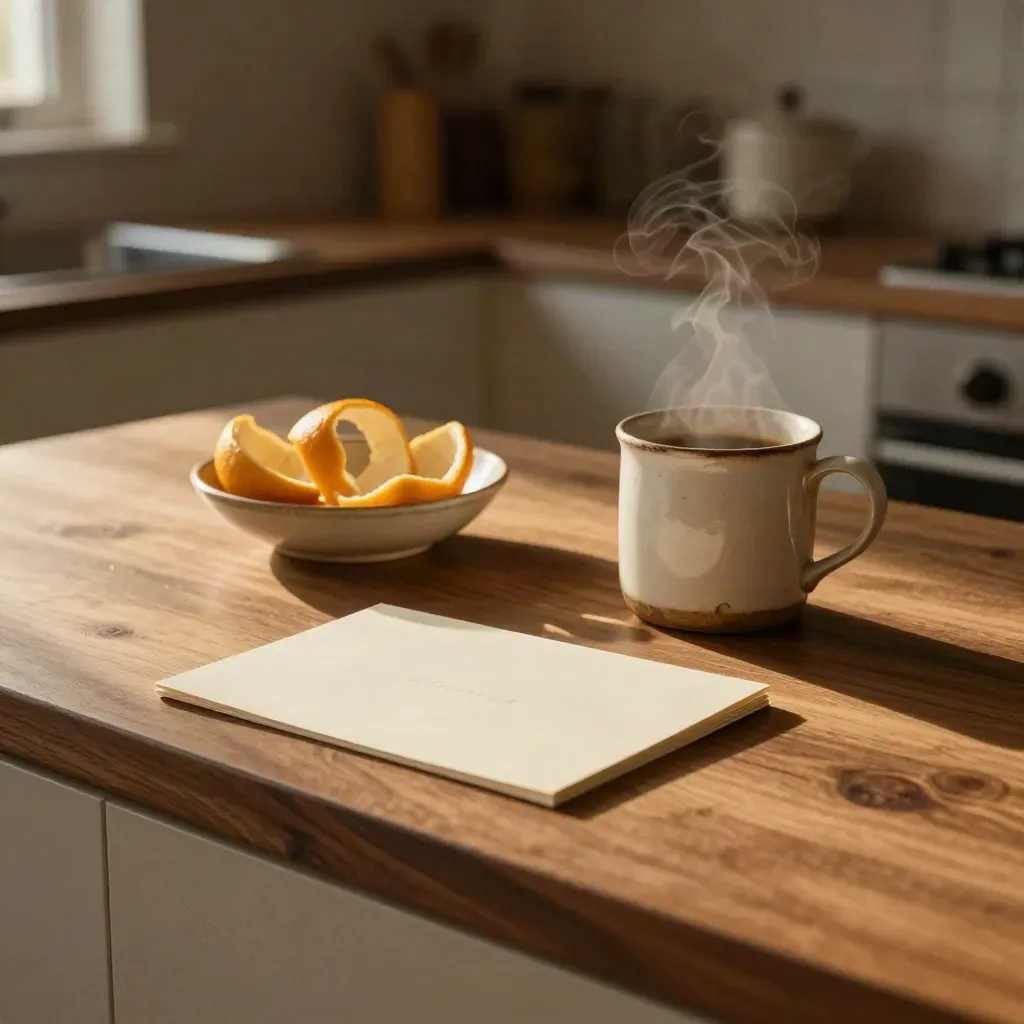 Carte crème, tasse ébréchée et écorces d’agrumes sur un comptoir de cuisine au lever du jour.
