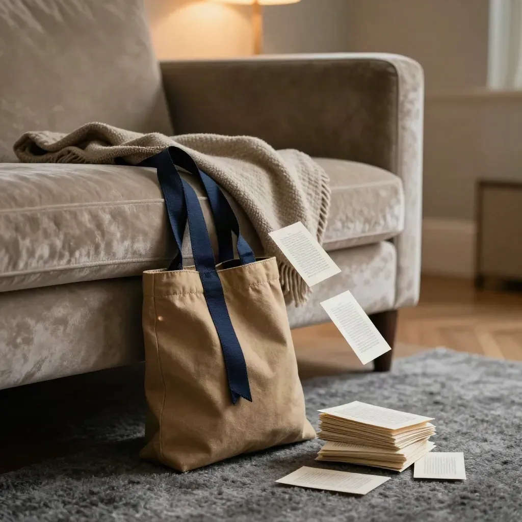 Canapé en velours avec tote et cartes de pages qui glissent au sol.