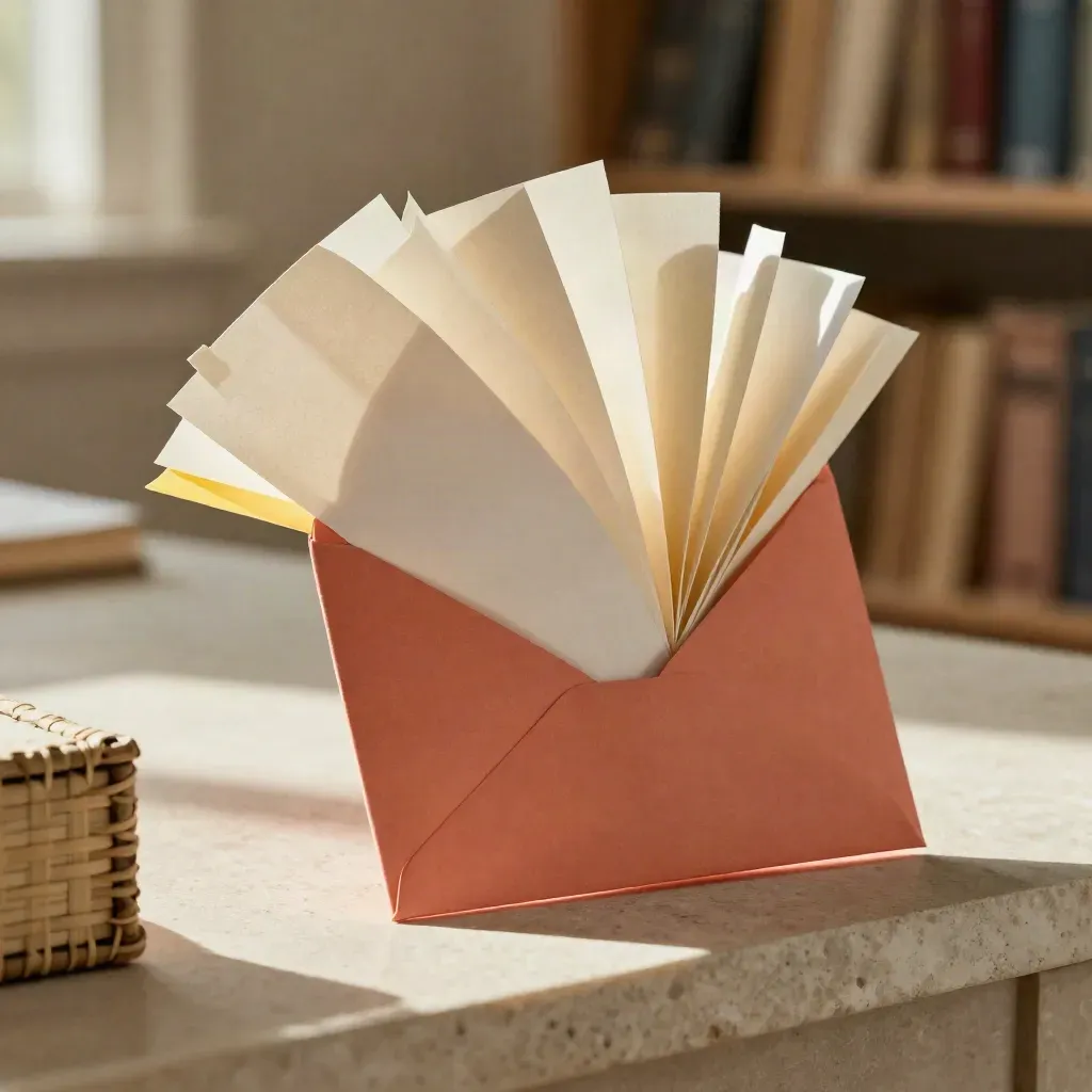 Envelope corail éclatée, feuillets en vol et coin de boîte d’archives sur pierre claire.