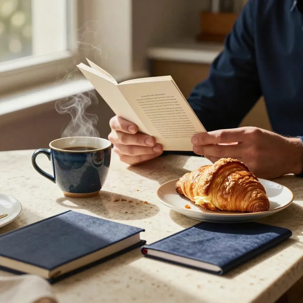 Petit-déjeuner élégant avec café, croissant, carte d’article et carnet plié.