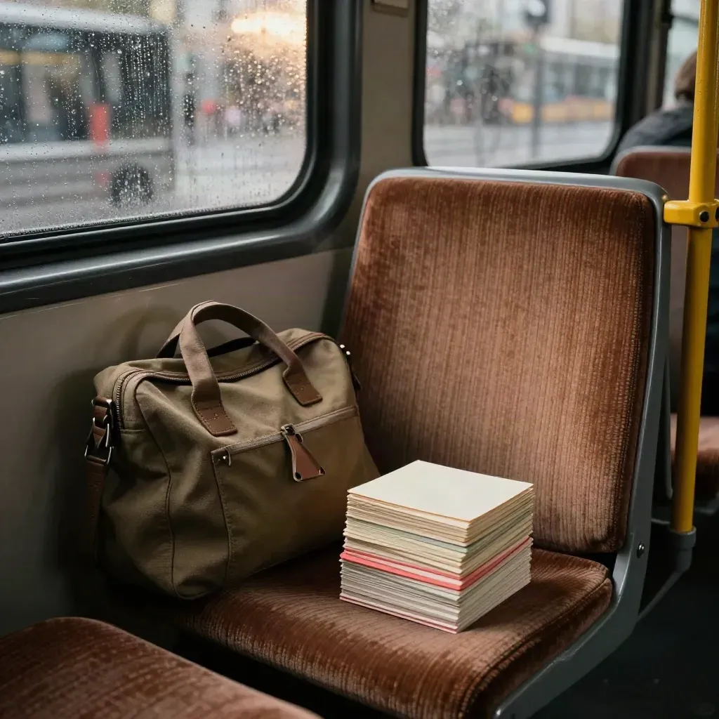 Siège de tram près d’une vitre mouillée, cartes de pages et sac en toile, lumière douce d’après-midi.