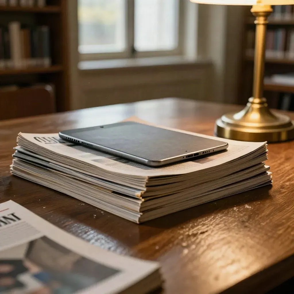 Pile de magazines face cachée, tablette et base de lampe en laiton sur table de bibliothèque.
