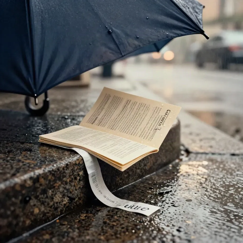 Carte de balade en ville soulevée par le vent sur un trottoir humide, près d’un parapluie et d’escaliers.