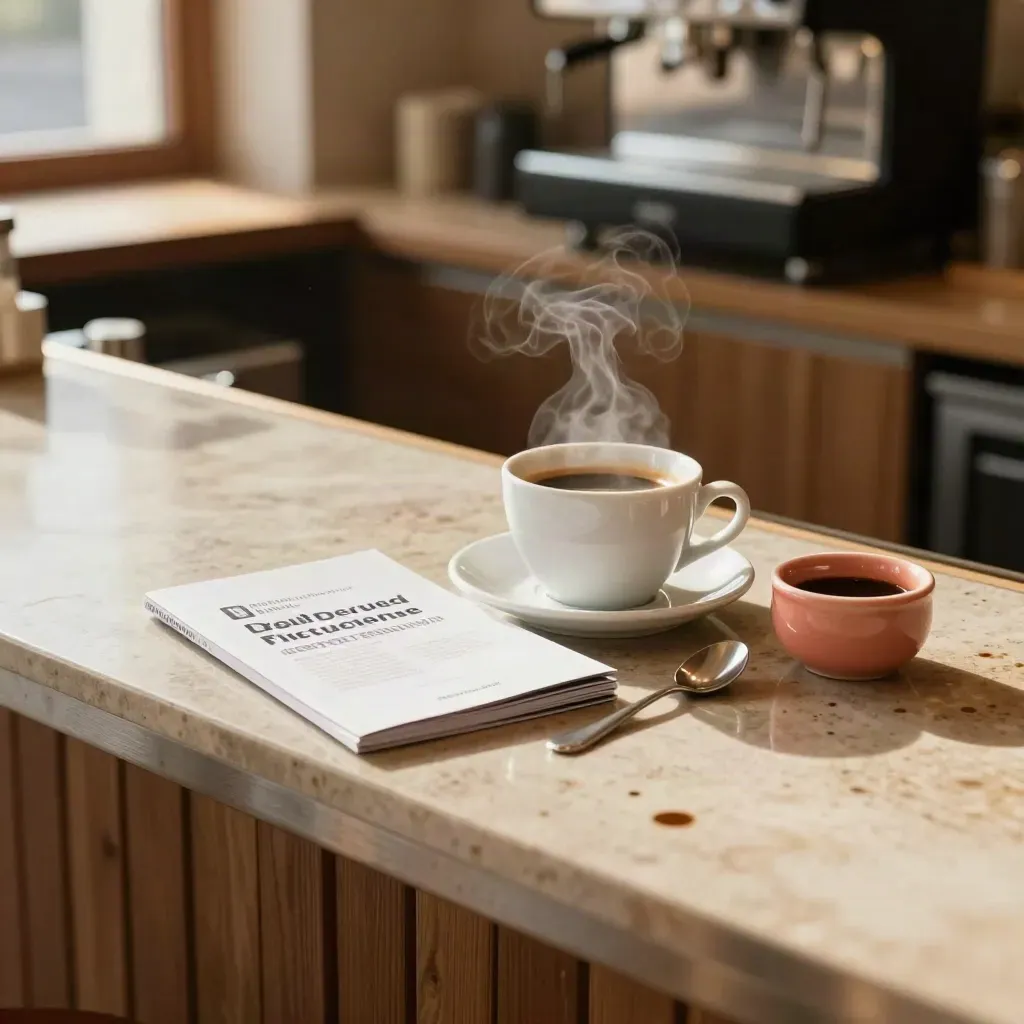 Un espresso, un livret fermé et une cuillère près d’un sucrier corail sur un comptoir de café.