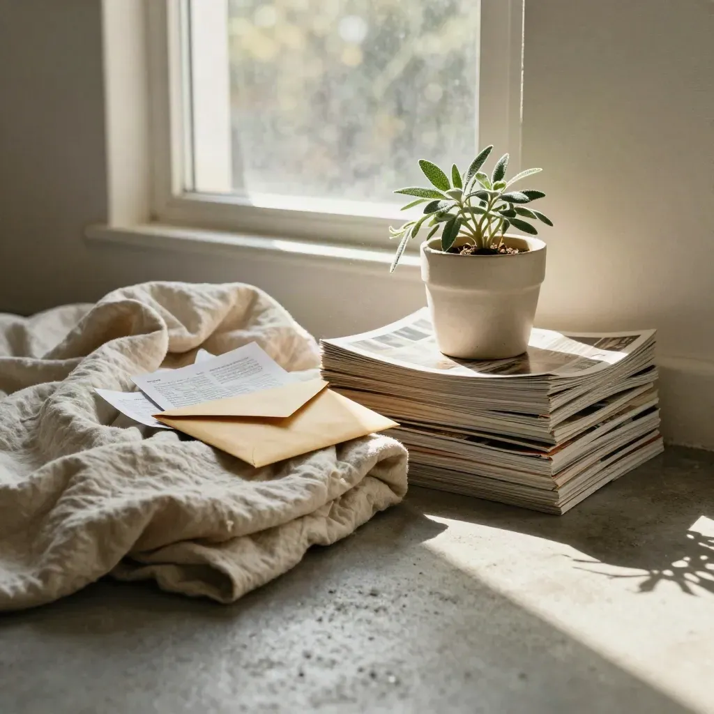 Coin de sol ensoleillé avec pile de lecture, plaid plié, pot de plante et enveloppe de pages.