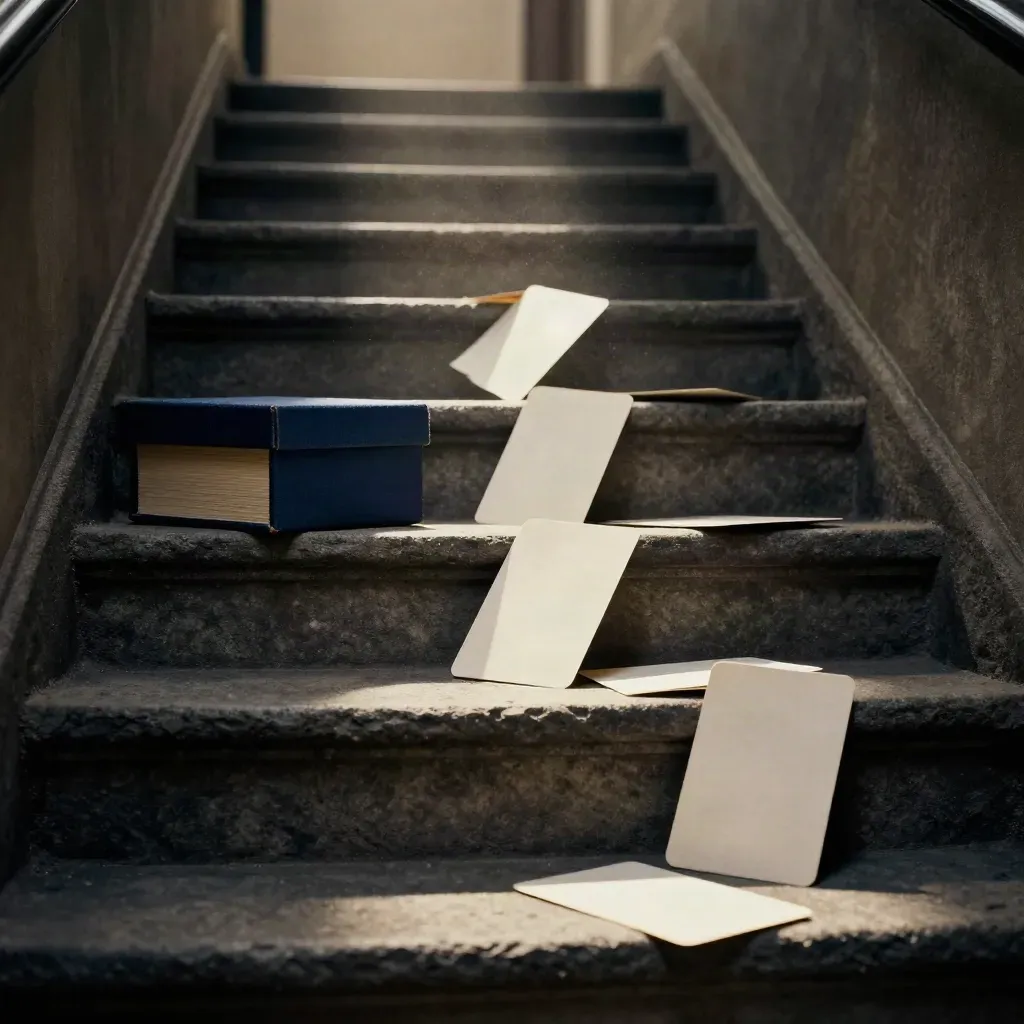 Un escalier sombre avec des cartes de pages éparses et une boîte d’archives bleue nuit.