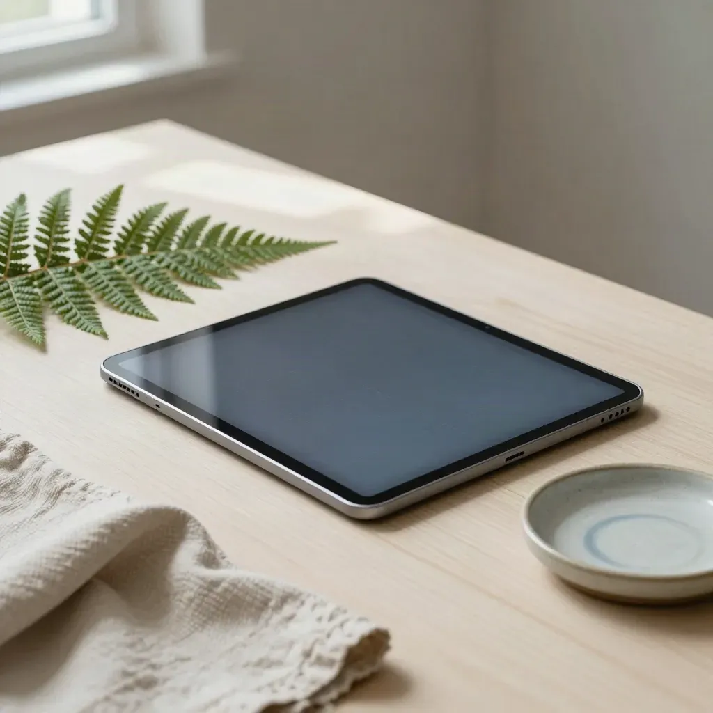 Tablette matte avec fougère, linge plié et coupelle sur bois pâle.