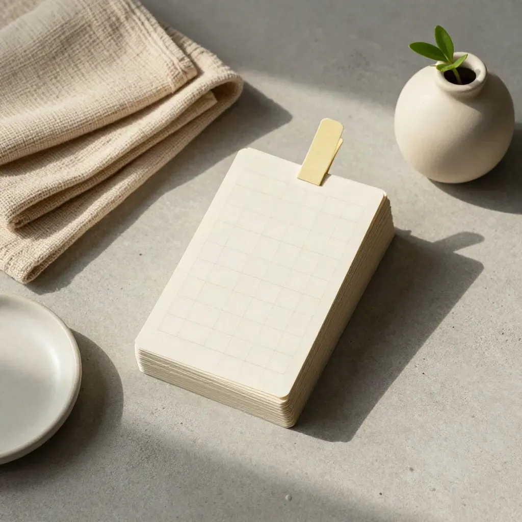 Flatlay de cartes d’idées, coupelle en céramique, linge plié et jeune plante sur béton clair.