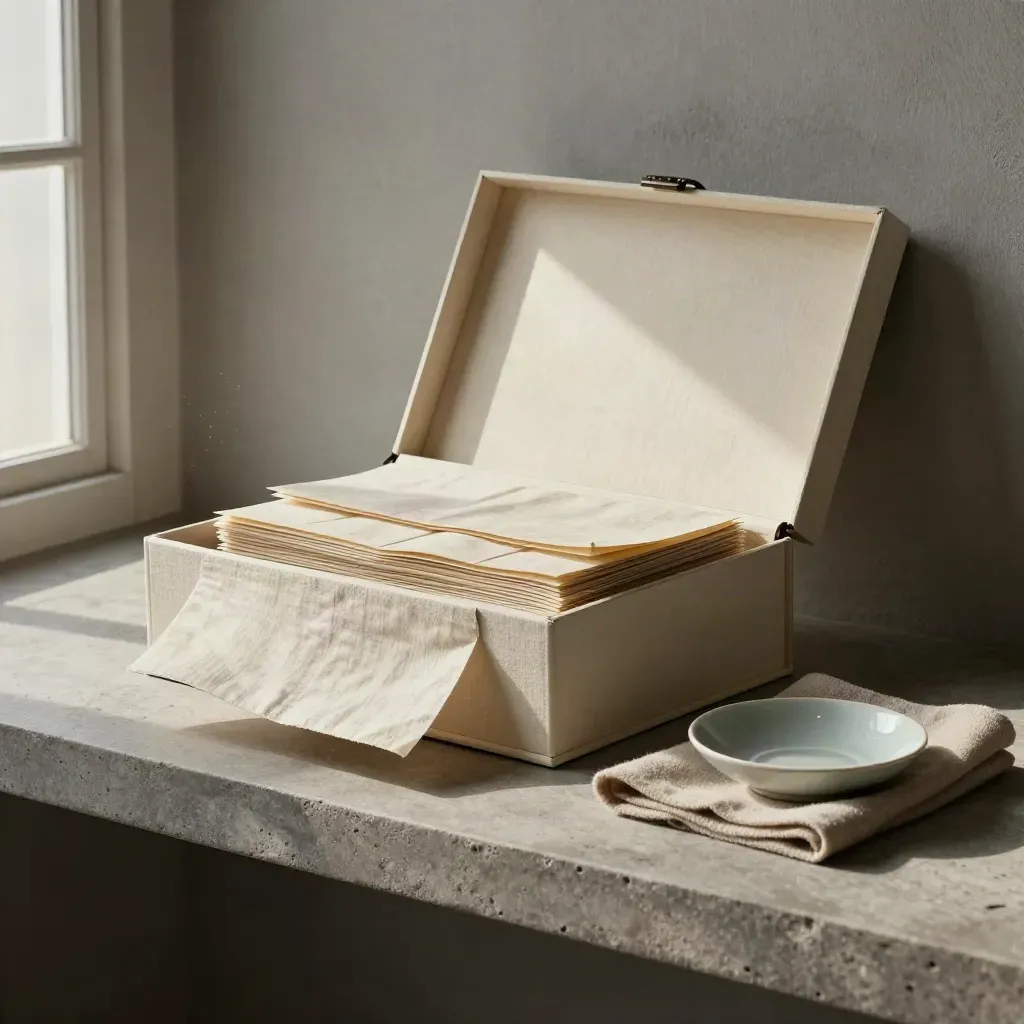 Boîte d’archives ouverte, manches tabulés, tissu laineux et petit plat vernissé sur une étagère.