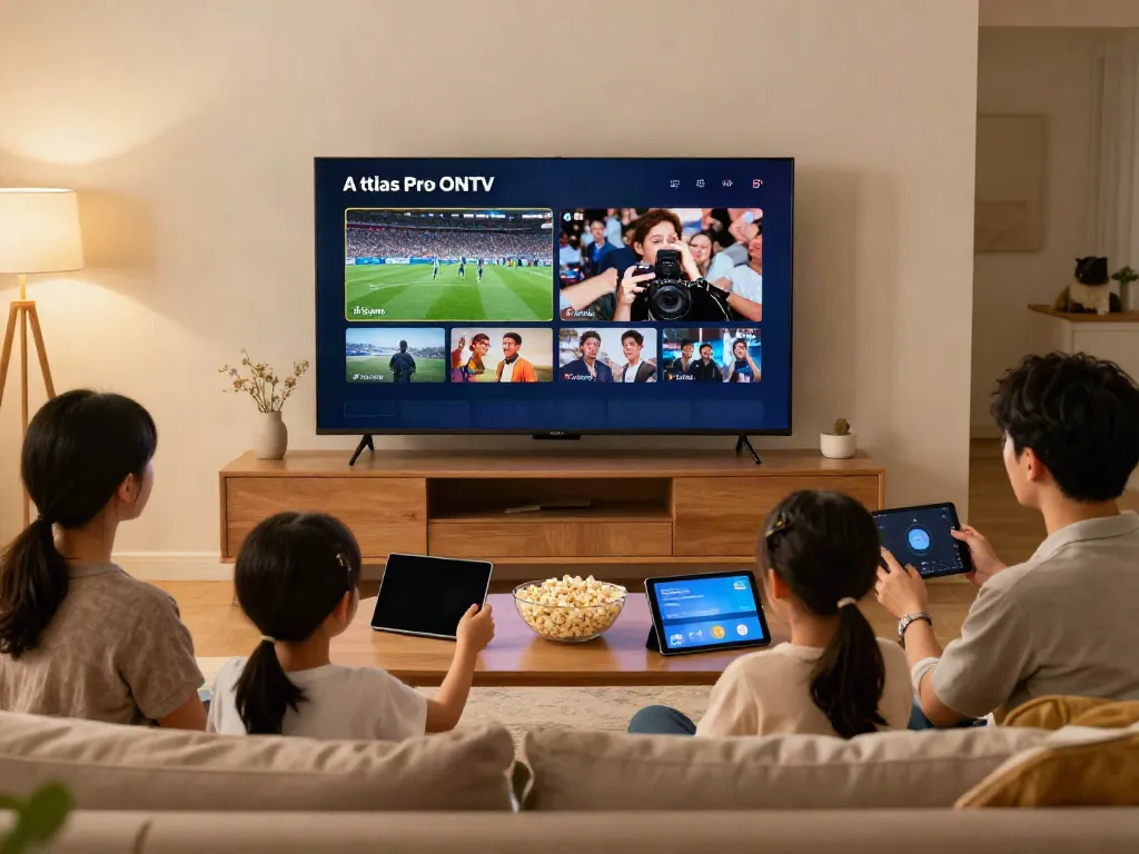 Famille appréciant l'application atlas pro ontv dans un salon moderne et chaleureux.