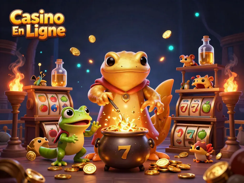 Découvrez Casino En Ligne avec une illustration ludique d'un alchimiste et des éléments de jeu captivants.